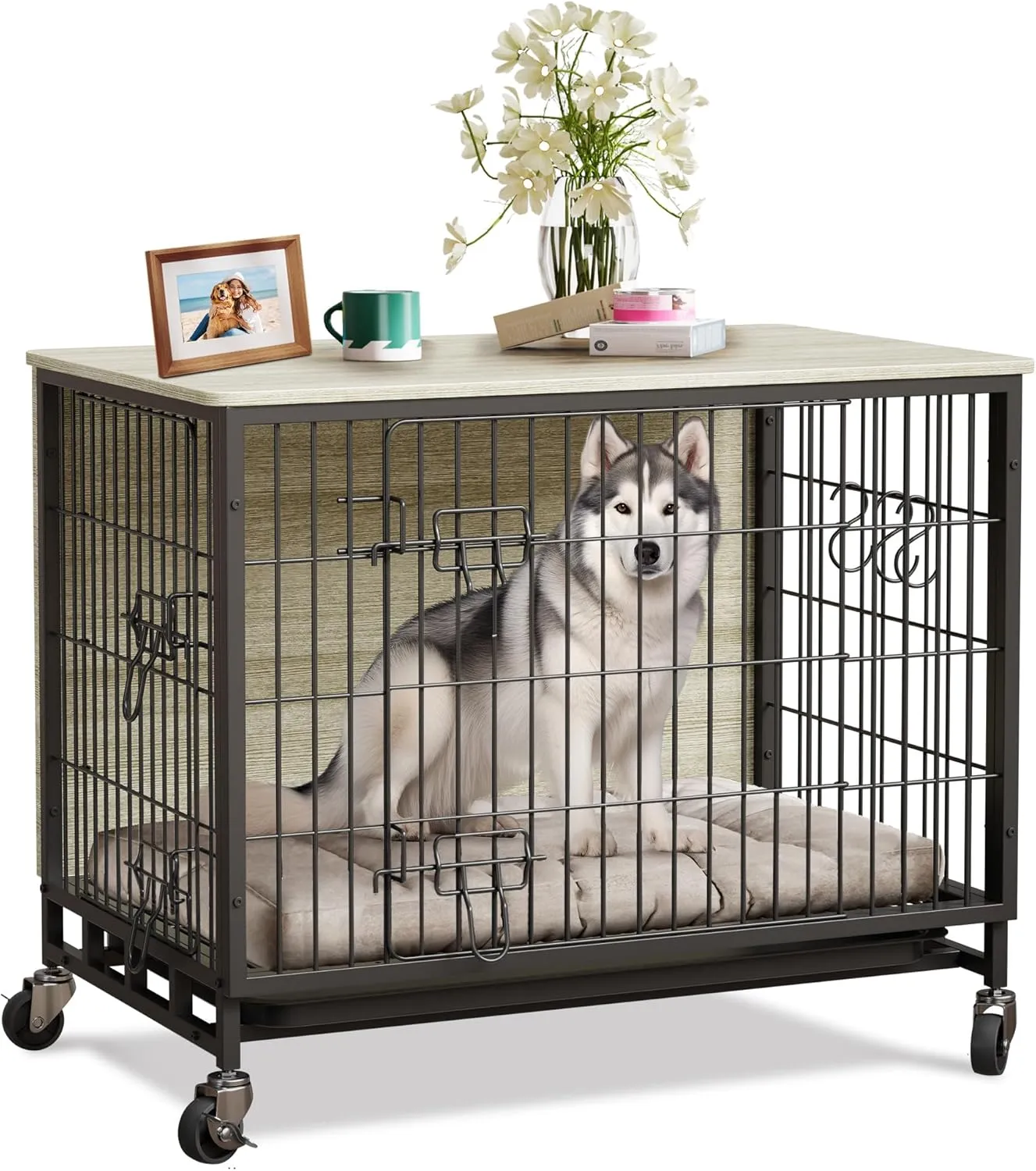 Dog Crate Furniture, 32.5" Wooden Dog Kennel with Wheels & Double Doors, Dog Cage End Table Upgraded, Indoor Dog Crate House for Small Medium Dogs, Rustic Grey