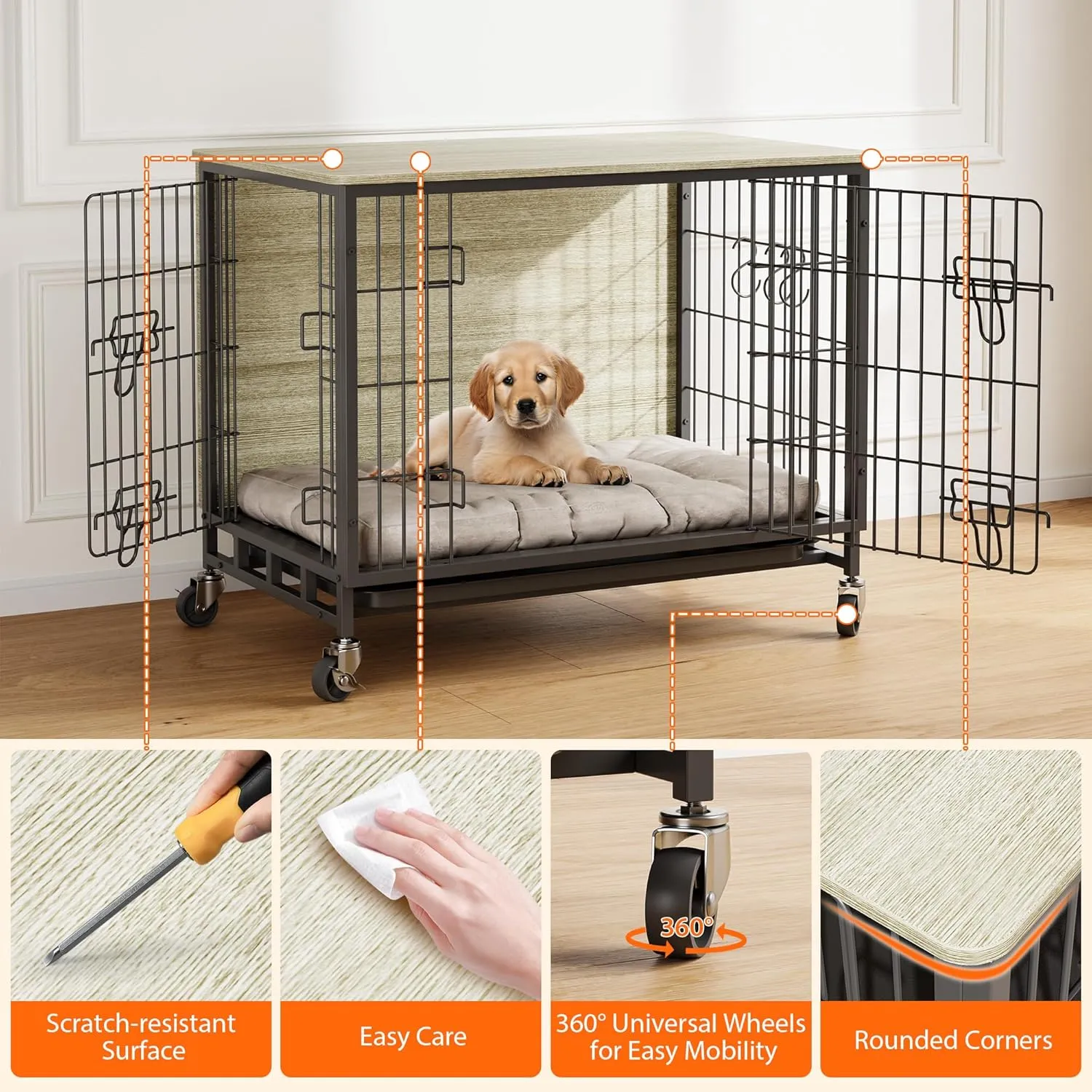 Dog Crate Furniture, 32.5" Wooden Dog Kennel with Wheels & Double Doors, Dog Cage End Table Upgraded, Indoor Dog Crate House for Small Medium Dogs, Rustic Grey