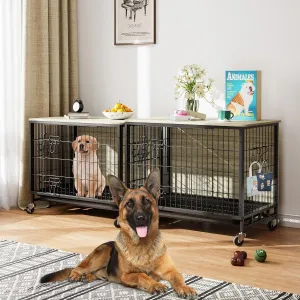 Dog Crate Furniture, 32.5" Wooden Dog Kennel with Wheels & Double Doors, Dog Cage End Table Upgraded, Indoor Dog Crate House for Small Medium Dogs, Rustic Grey
