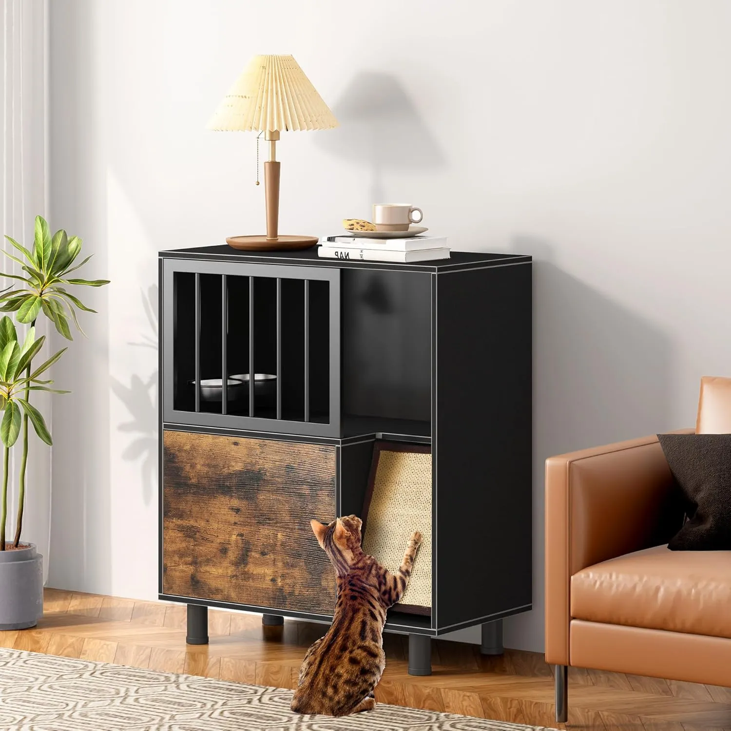 Dog-Proof Wood Cat Feeding Station with Lockable Storage & 2 Removable Stainless Steel Bowls - Anti-Spill Cat Condo with Scratching Board for Indoor Multi-Pet Homes
