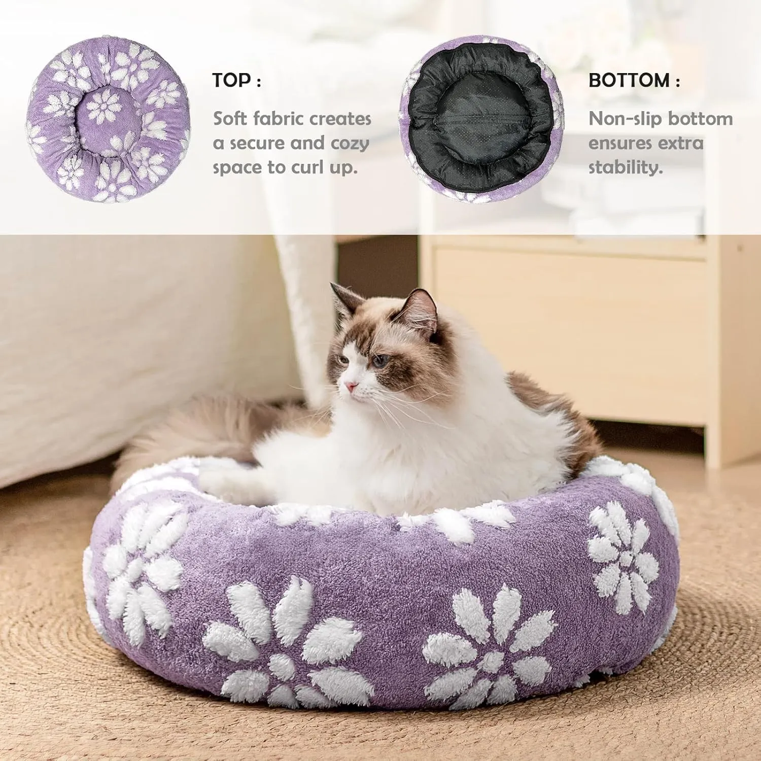 Donut Dog Beds for Small Dogs, Calming Round Cat Beds for Indoor Cats, Cute 3D Textured Flower Pet Bed with Removable Washable Cover and Anti-Slip BottomPurple20"