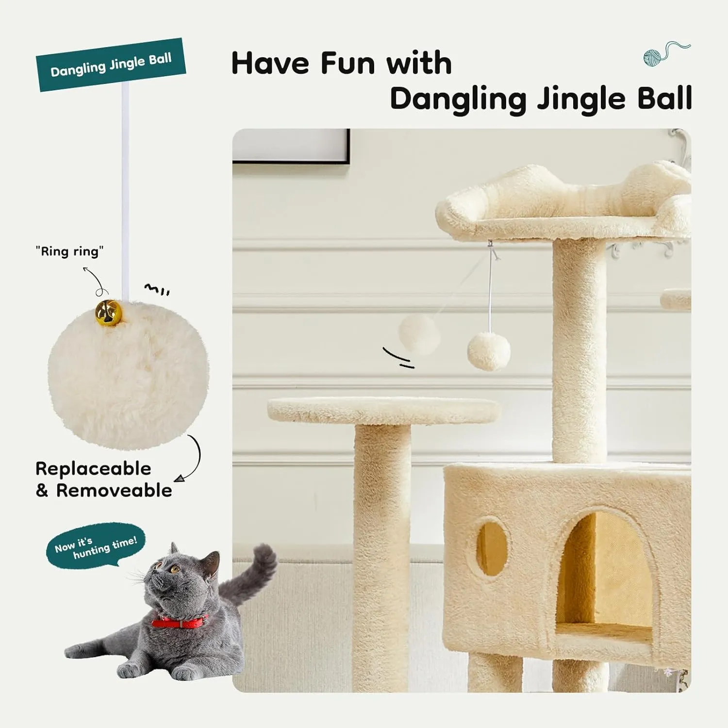 DUMOS 54-inch Indoor Cat Tree Tower Multi-Level Pet House for Large Cats with 2 Condos, Scratching Posts, Round Platform, Small Ladder, and Toys, Beige