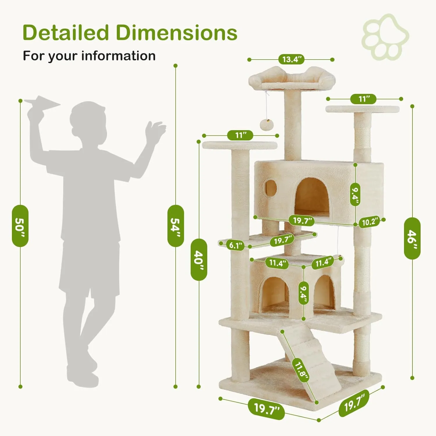 DUMOS 54-inch Indoor Cat Tree Tower Multi-Level Pet House for Large Cats with 2 Condos, Scratching Posts, Round Platform, Small Ladder, and Toys, Beige