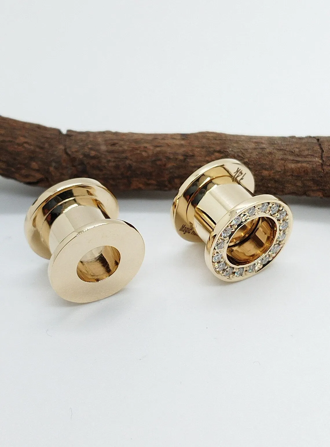Ear Tunnels Solid Gold Double Flared White Diamonds