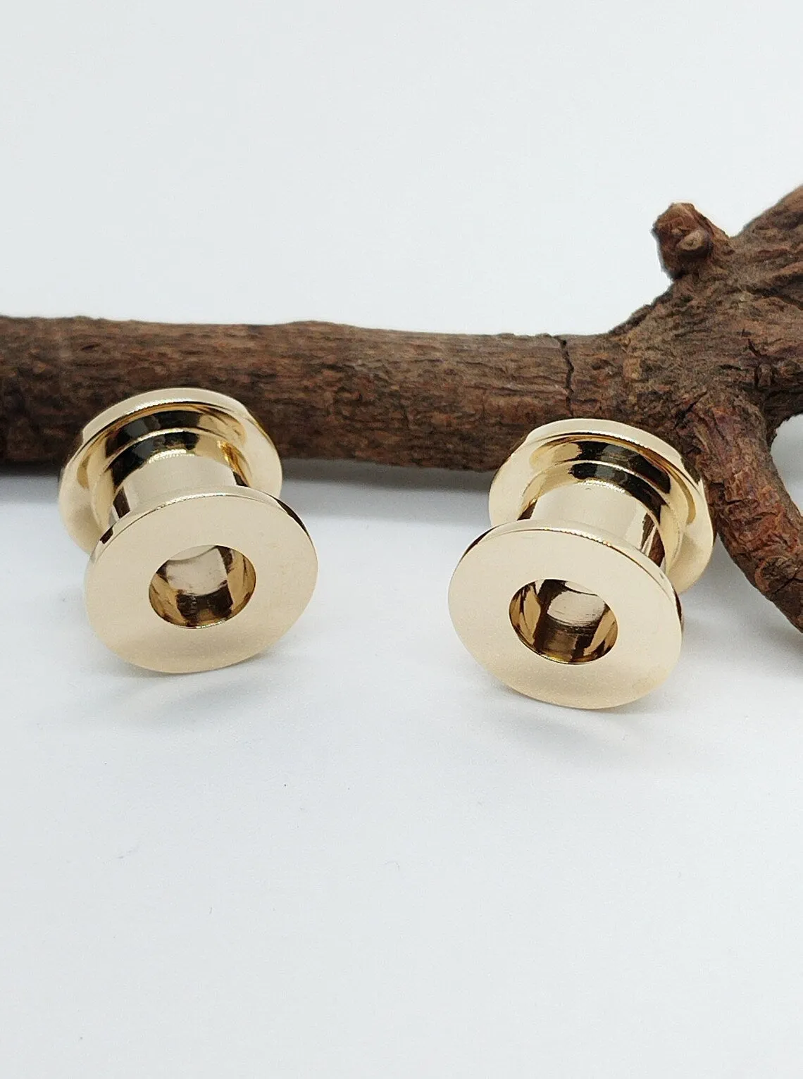 Ear Tunnels Solid Gold Double Flared White Diamonds