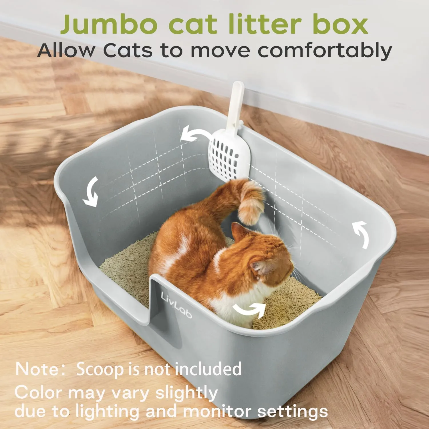 Extra Large Cat Litter Box - 25" Lx16 Wx13 H Open Top High Sided Pan, XL for Big Cats, high Wall Jumbo Litter Box, Anti-Splashing (Gray)