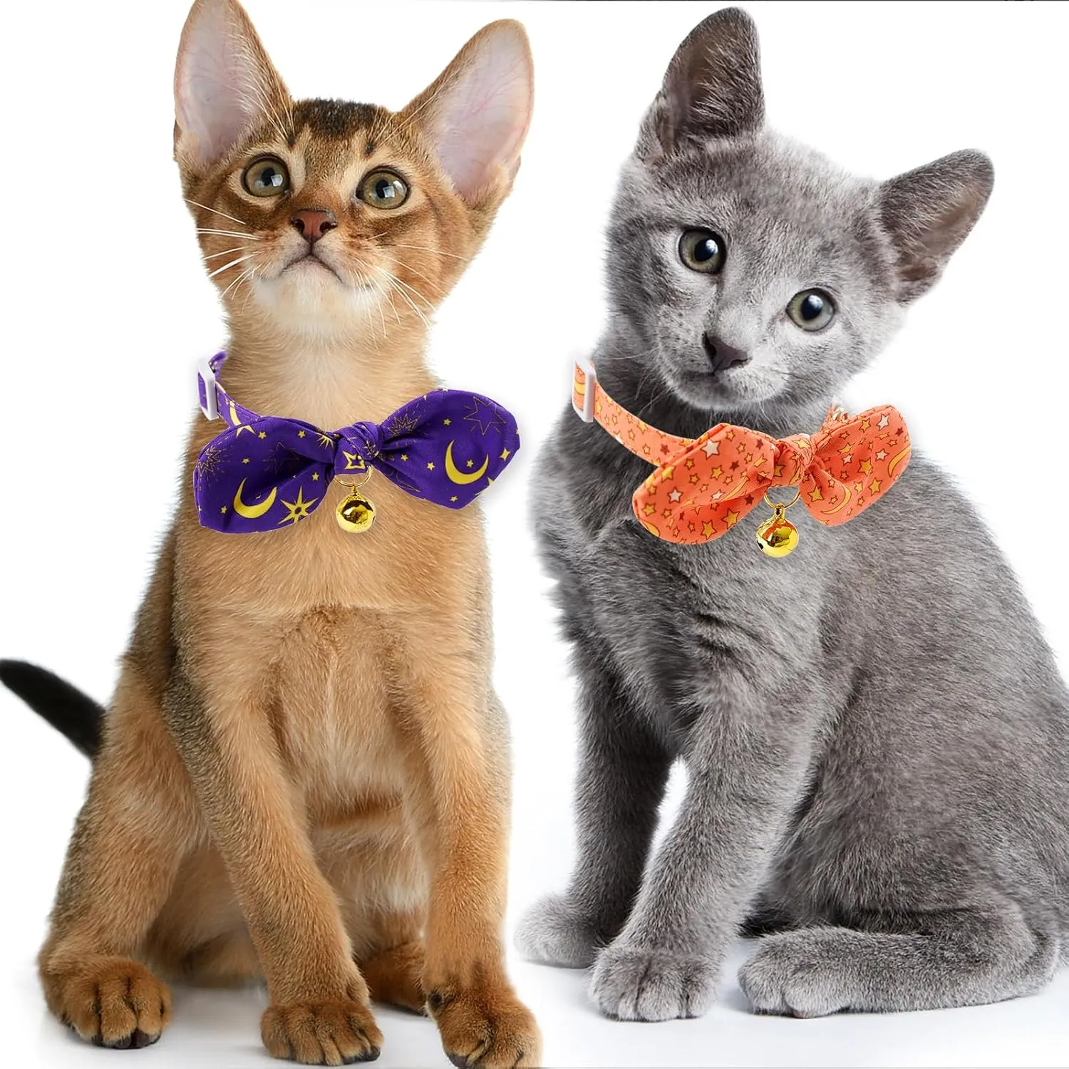 Faygarsle 2 Pack Breakaway Cute Cat Collars with Bell, Cat Collar with Bow for Girl Boy Cats Orange with Purple Stars