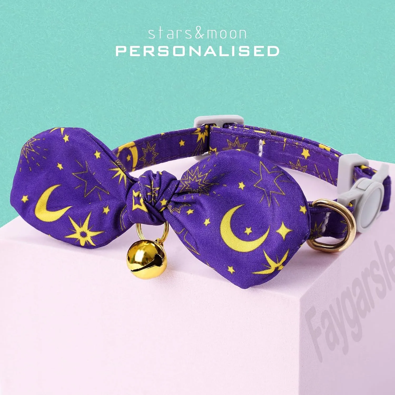 Faygarsle 2 Pack Breakaway Cute Cat Collars with Bell, Cat Collar with Bow for Girl Boy Cats Orange with Purple Stars