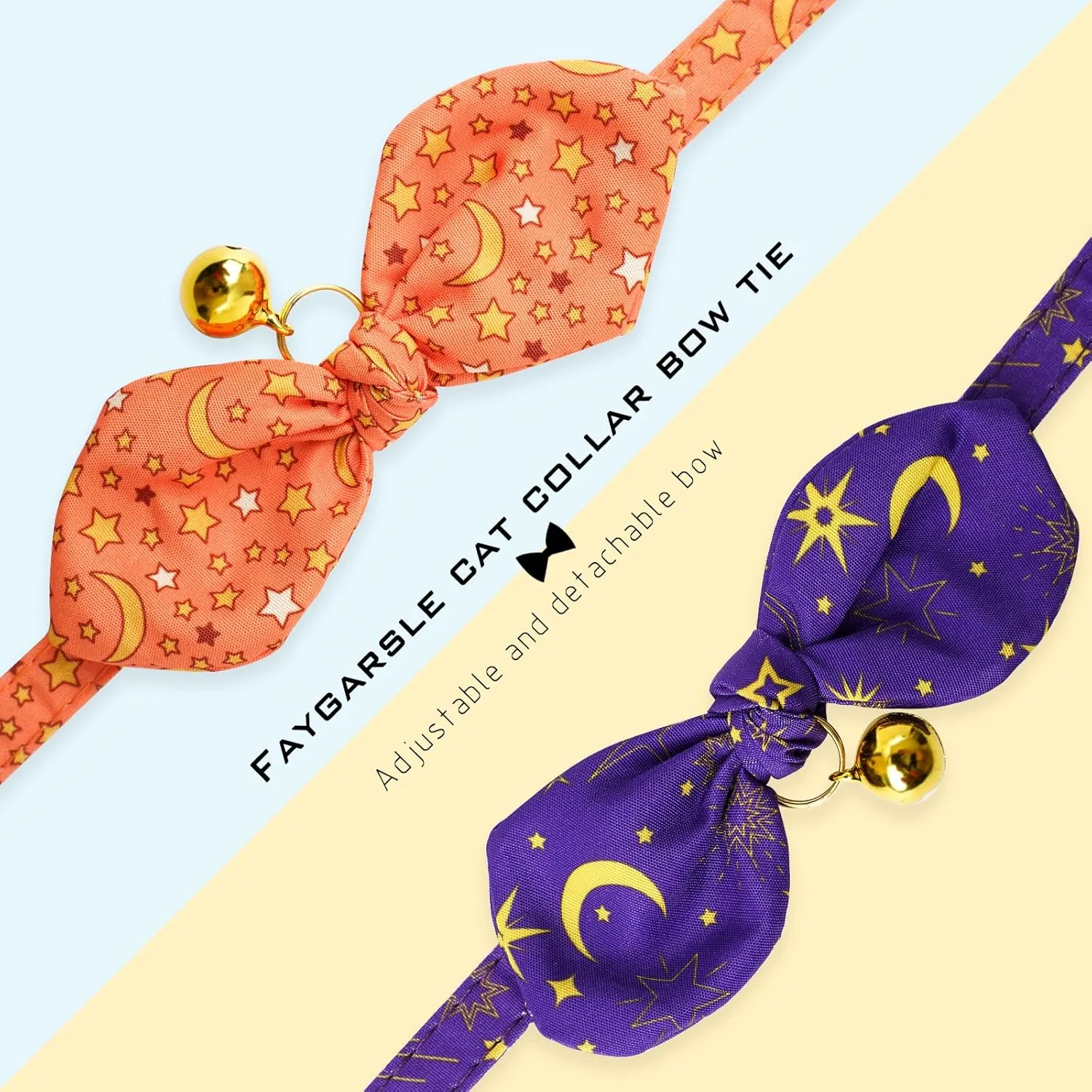 Faygarsle 2 Pack Breakaway Cute Cat Collars with Bell, Cat Collar with Bow for Girl Boy Cats Orange with Purple Stars
