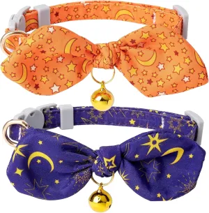 Faygarsle 2 Pack Breakaway Cute Cat Collars with Bell, Cat Collar with Bow for Girl Boy Cats Orange with Purple Stars