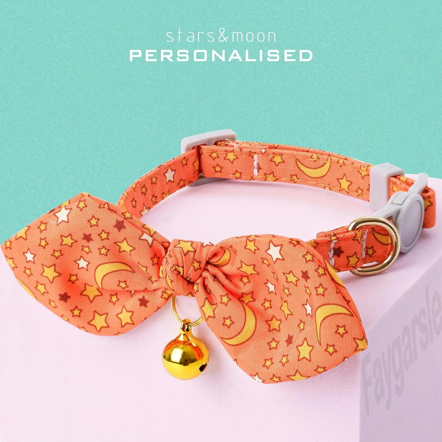 Faygarsle 2 Pack Breakaway Cute Cat Collars with Bell, Cat Collar with Bow for Girl Boy Cats Orange with Purple Stars