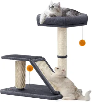 Feandrea Cat Scratching Post with Bed, Multifunctional Cat Scratcher with Perch, Rotatable Ramp, Self-Groomer, Pompoms, Small Cat Tree for Indoor Cats, Dark Gray UPCA024G02