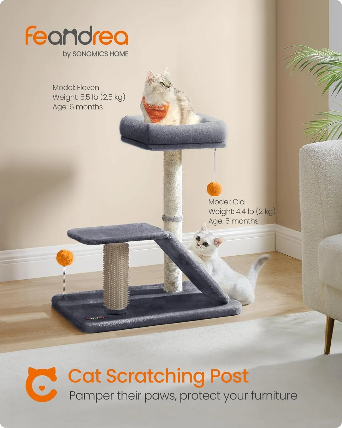 Feandrea Cat Scratching Post with Bed, Multifunctional Cat Scratcher with Perch, Rotatable Ramp, Self-Groomer, Pompoms, Small Cat Tree for Indoor Cats, Dark Gray UPCA024G02