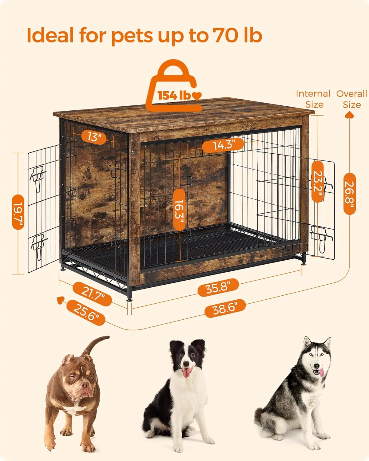 Feandrea Dog Crate Furniture, 38.6" Side End Table, Modern Kennel for Dogs Indoor up to 70 lb, Heavy-Duty Dog Cage with Multi-Purpose Removable Tray, Double-Door Dog House, Rustic Brown UPFC003X01