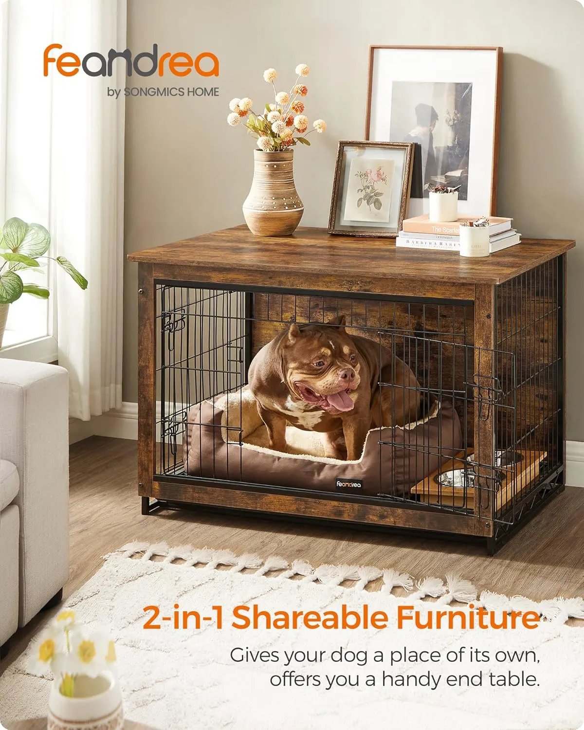 Feandrea Dog Crate Furniture, 38.6" Side End Table, Modern Kennel for Dogs Indoor up to 70 lb, Heavy-Duty Dog Cage with Multi-Purpose Removable Tray, Double-Door Dog House, Rustic Brown UPFC003X01