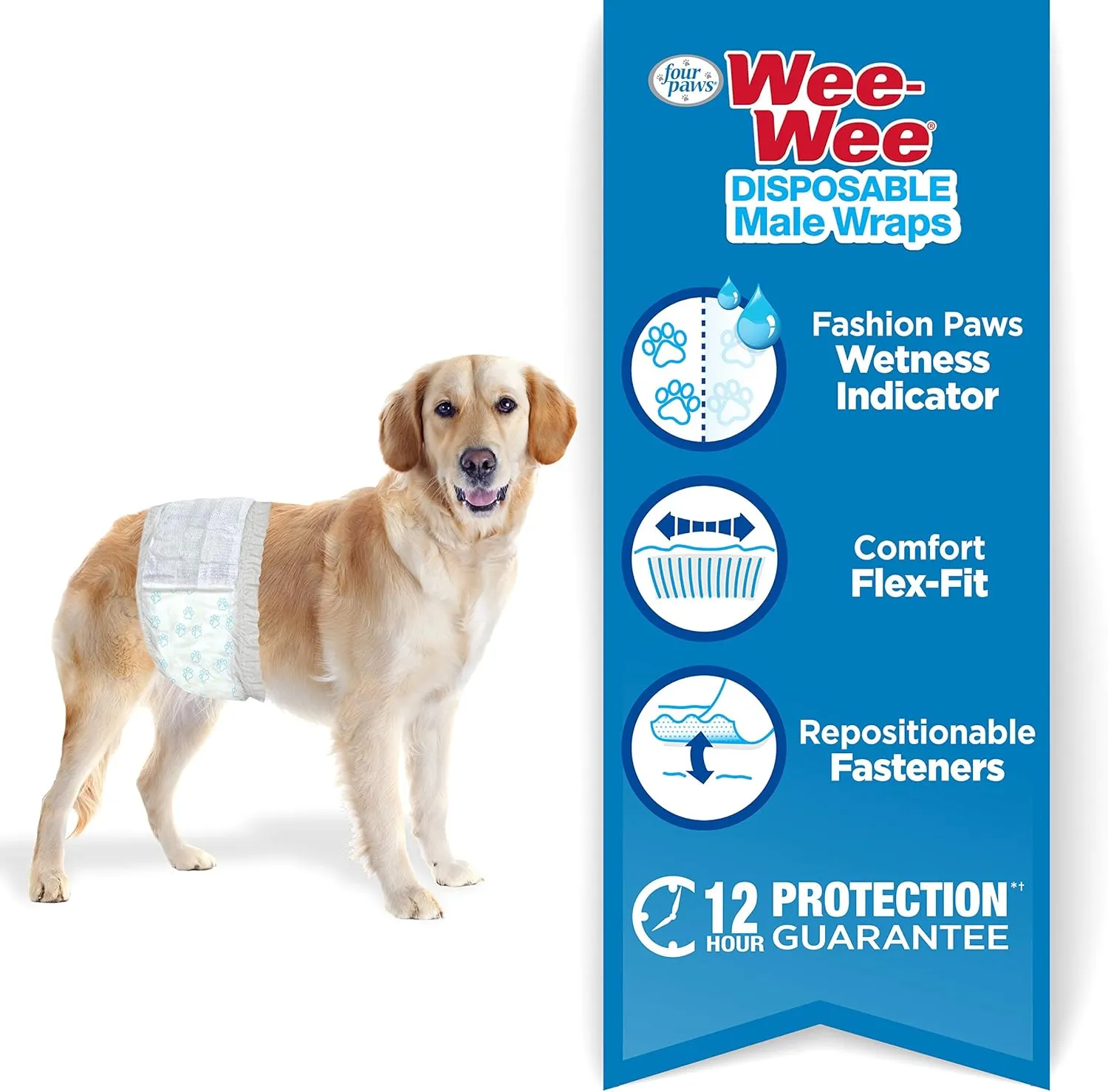 Four Paws Wee-Wee Super Absorbent Disposable Adjustable Dog Potty Training Male Wraps Diapers, Leak-Proof Protection for Puppies and Small Dogs, Medium, 12 Count
