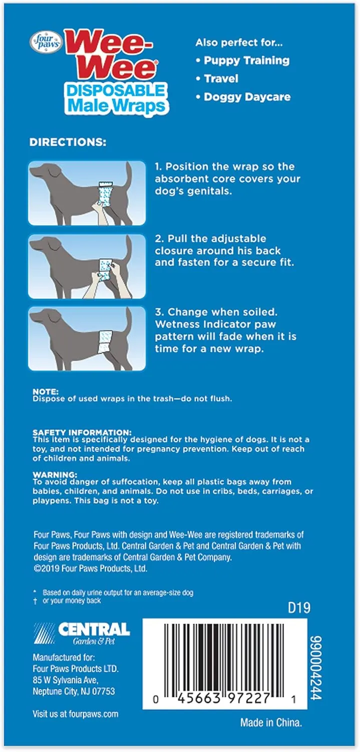 Four Paws Wee-Wee Super Absorbent Disposable Adjustable Dog Potty Training Male Wraps Diapers, Leak-Proof Protection for Puppies and Small Dogs, Medium, 12 Count