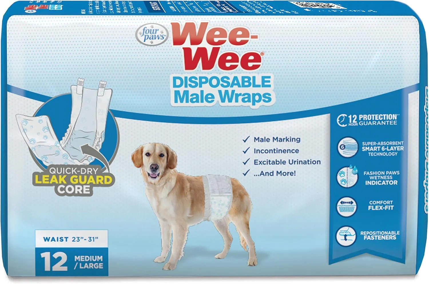 Four Paws Wee-Wee Super Absorbent Disposable Adjustable Dog Potty Training Male Wraps Diapers, Leak-Proof Protection for Puppies and Small Dogs, Medium, 12 Count