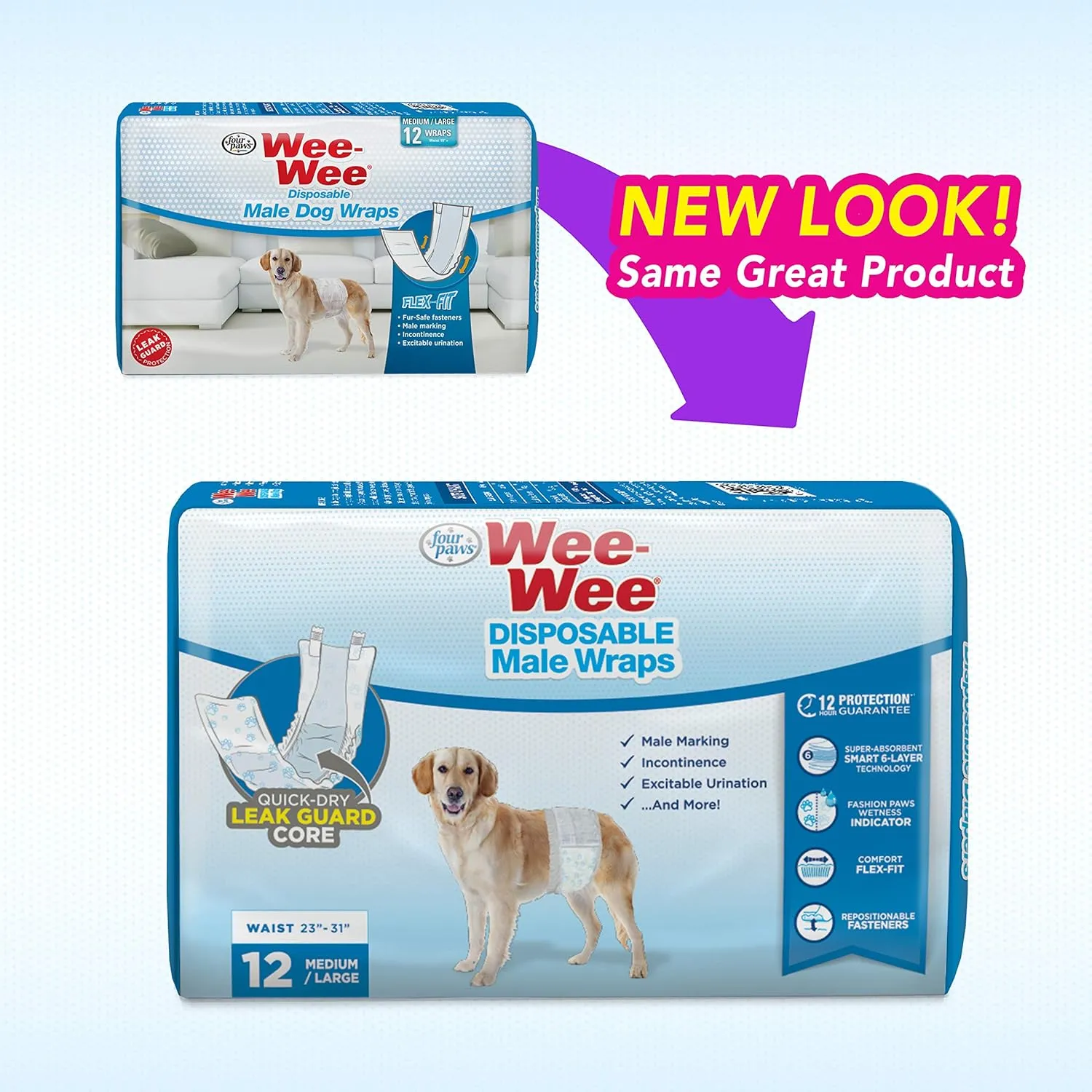 Four Paws Wee-Wee Super Absorbent Disposable Adjustable Dog Potty Training Male Wraps Diapers, Leak-Proof Protection for Puppies and Small Dogs, Medium, 12 Count