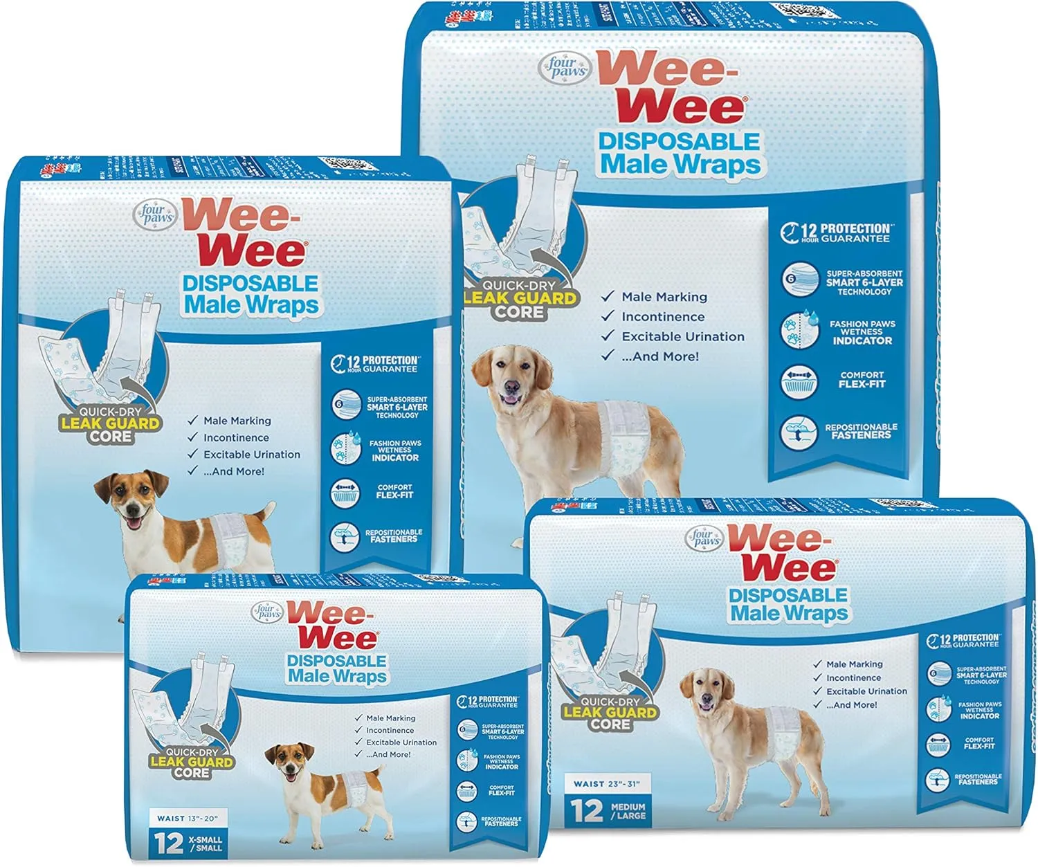 Four Paws Wee-Wee Super Absorbent Disposable Adjustable Dog Potty Training Male Wraps Diapers, Leak-Proof Protection for Puppies and Small Dogs, Medium, 12 Count