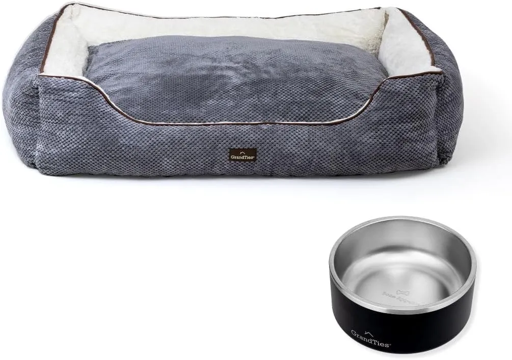GRANDTIES Dog Bed   Stainless Steel Bowl  Machine Washable Calming Dog Bed (XL, Moonlight), Insulated Non-Skid Spill-Proof Dog Bowl (64oz, Midnight Black), BPA-Free and Durable for Dogs & Cats
