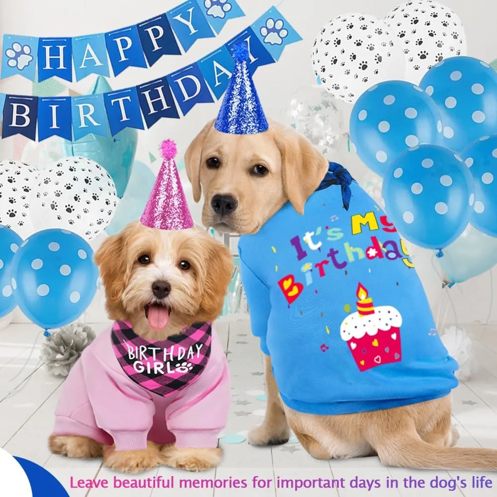 GreenJoy Dog Birthday Party Outfit Decoration Set Supplies - Birthday Bandana, Sweater & Party Hat Gift for Small, Medium & Extra Large Dogs Girl and Boy (Large, Birthday Blue)