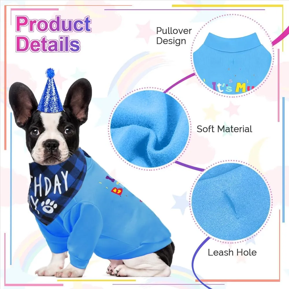GreenJoy Dog Birthday Party Outfit Decoration Set Supplies - Birthday Bandana, Sweater & Party Hat Gift for Small, Medium & Extra Large Dogs Girl and Boy (Large, Birthday Blue)