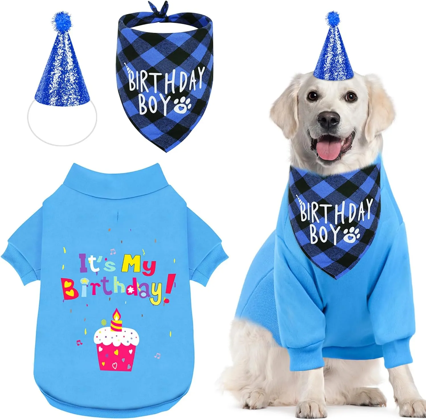 GreenJoy Dog Birthday Party Outfit Decoration Set Supplies - Birthday Bandana, Sweater & Party Hat Gift for Small, Medium & Extra Large Dogs Girl and Boy (Large, Birthday Blue)