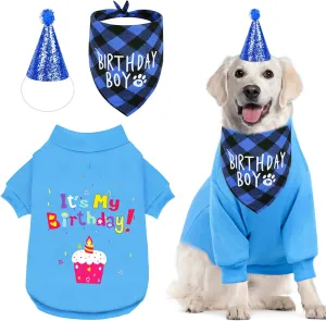 GreenJoy Dog Birthday Party Outfit Decoration Set Supplies - Birthday Bandana, Sweater & Party Hat Gift for Small, Medium & Extra Large Dogs Girl and Boy (Large, Birthday Blue)