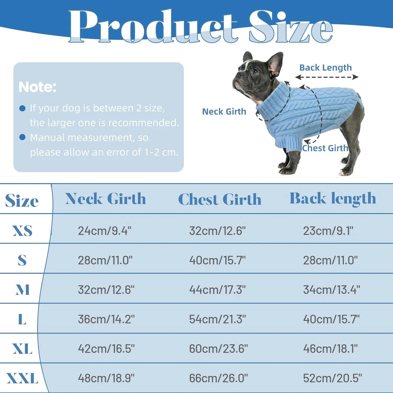 Large Dog Sweater, Soft Knitted Turtleneck - Blue, Warm for Winter, Cozy for Dachshund, French Bulldog, Pug