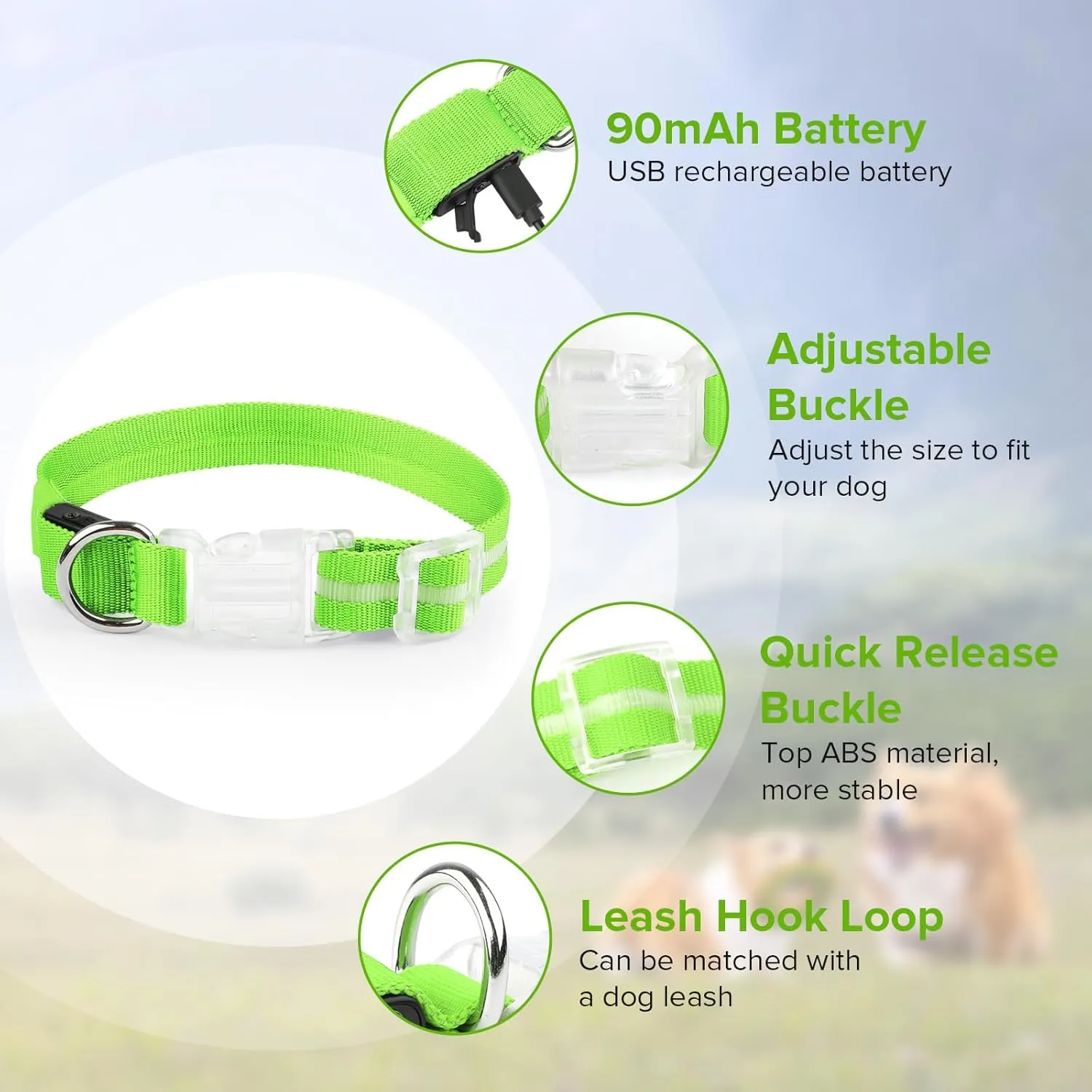Led Dog Collar for Night Walking,Rechargeable Light Up Dog Collar Led Color,Glow in The Dark Dog Collars Waterproof for Small Medium Large Dogs (Green, Large)