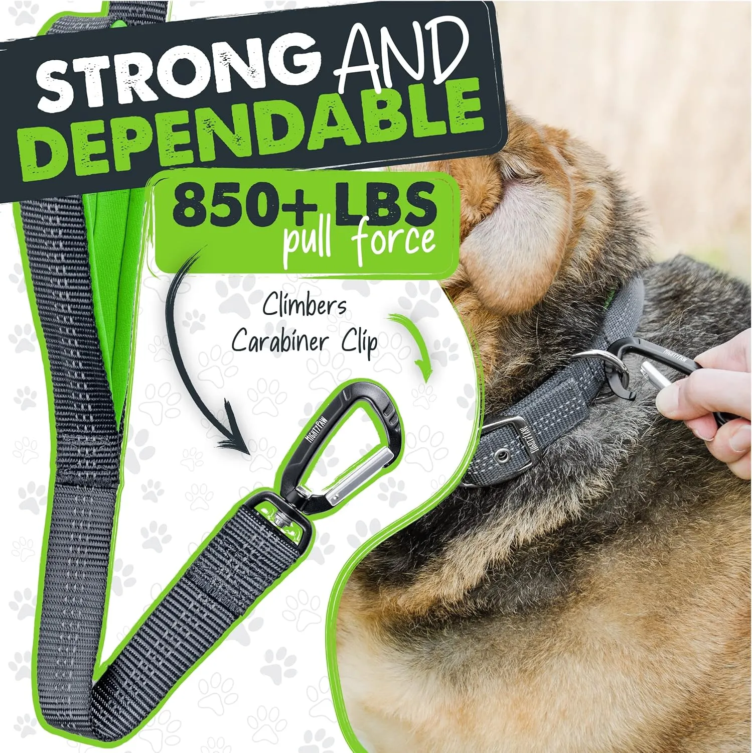 Mighty Paw Two Handle Dog Leash - Paw Leash Built-in Traffic Loop - Carabiner Clip - Double Padded Handles - Suitable for Small to Large Pets - 6' (Grey)