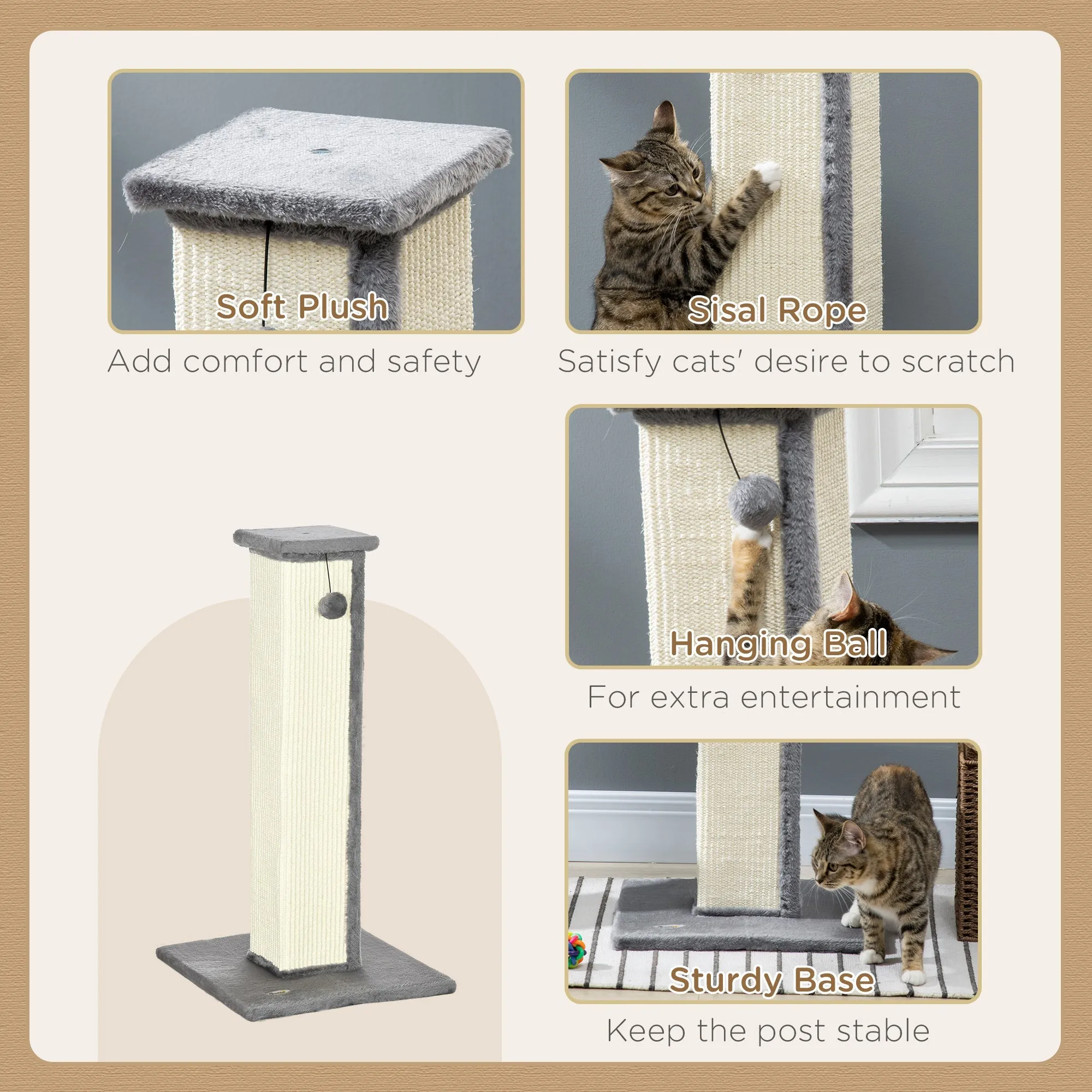 PawHut 81cm Cat Scratcher, Vertical Full Scratcher w/ Natural Sisal Rope, Hanging Ball, Soft Plush - Grey