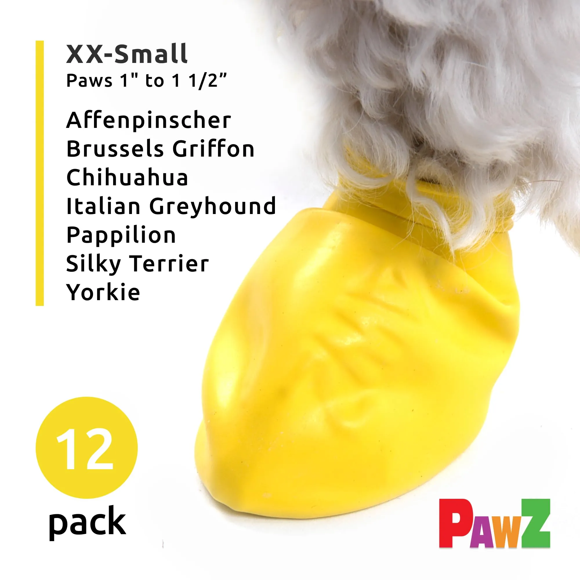 Pawz Waterproof Disposable and Reusable Rubberized Dog Boots - Yellow - XX-Small - 12 Pack