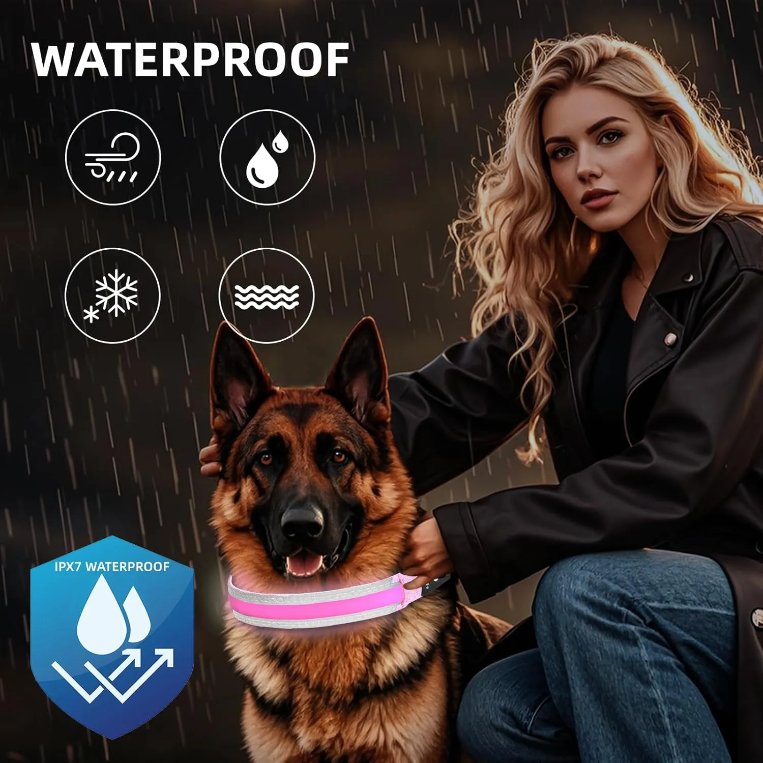 PetIsay LED Dog Collar Metal Buckle - Heavy Duty Light up Collars - Rechargeable IP68 Waterproof - Lighted Dog Collar for Night Walking, Hiking, Camping (Medium, Pink)
