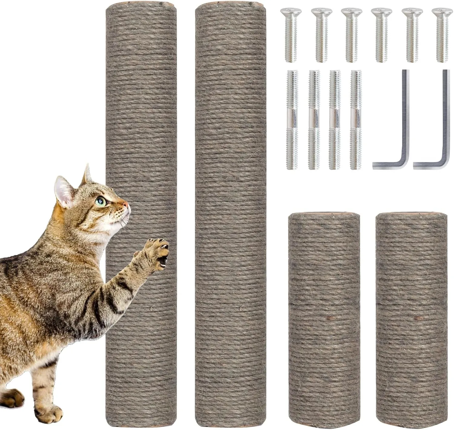 PowerKing Natural Sisal Replacement Scratching Post, 4 Pieces M8 Cat Scratch Post Refill Pole Parts for Refurbishment, White, Include Screws (Grey-15.7'' 15.7'' 7.87'' 7.87'')