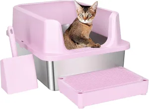 RIZZARI Stainless Steel Cat Litter Box, Semi-Enclosed Litter Box with Top Holes, Large Litter Pan for Small to Large Sized Cats (Light Pink, 23.8" L*16" W*12" H)
