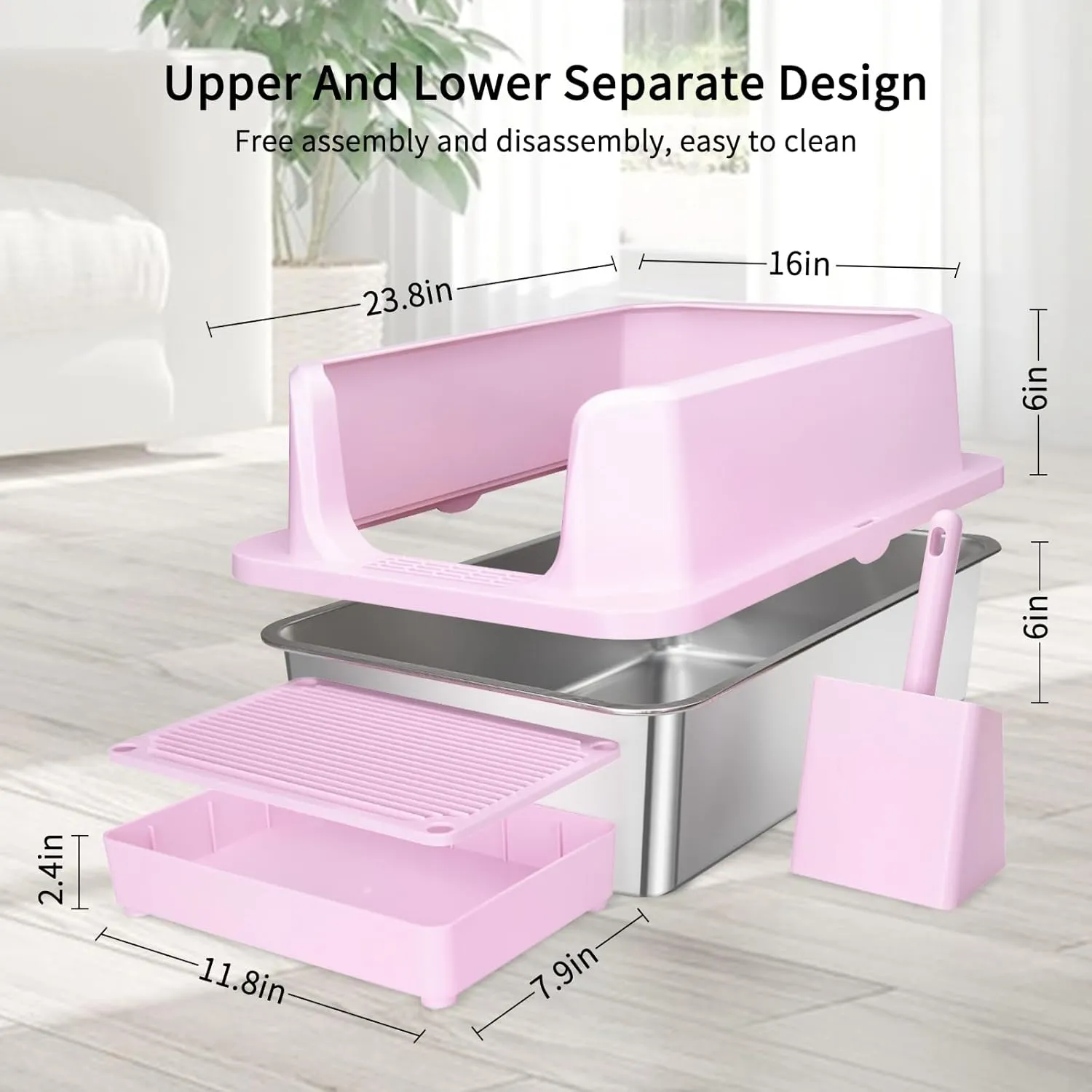 RIZZARI Stainless Steel Cat Litter Box, Semi-Enclosed Litter Box with Top Holes, Large Litter Pan for Small to Large Sized Cats (Light Pink, 23.8" L*16" W*12" H)