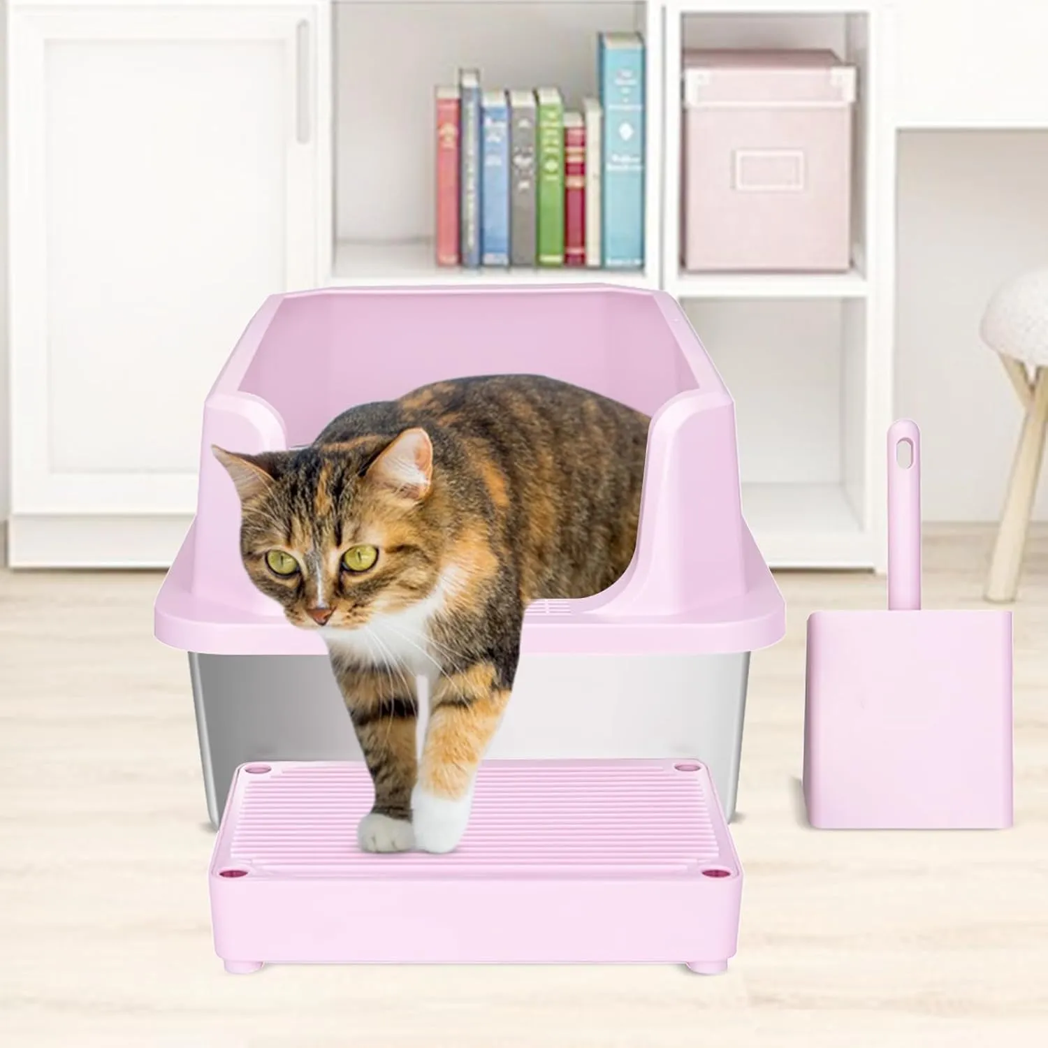 RIZZARI Stainless Steel Cat Litter Box, Semi-Enclosed Litter Box with Top Holes, Large Litter Pan for Small to Large Sized Cats (Light Pink, 23.8" L*16" W*12" H)