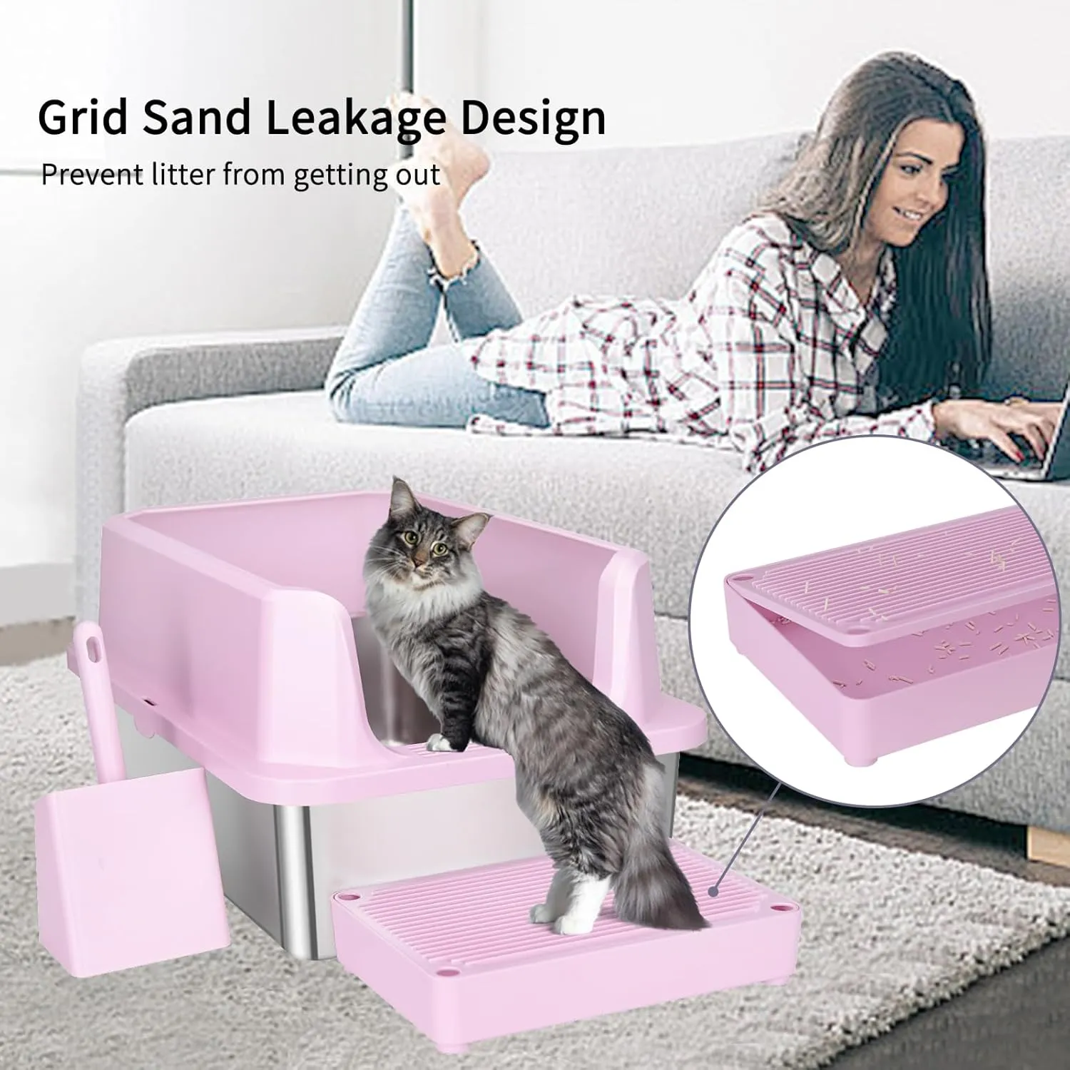 RIZZARI Stainless Steel Cat Litter Box, Semi-Enclosed Litter Box with Top Holes, Large Litter Pan for Small to Large Sized Cats (Light Pink, 23.8" L*16" W*12" H)