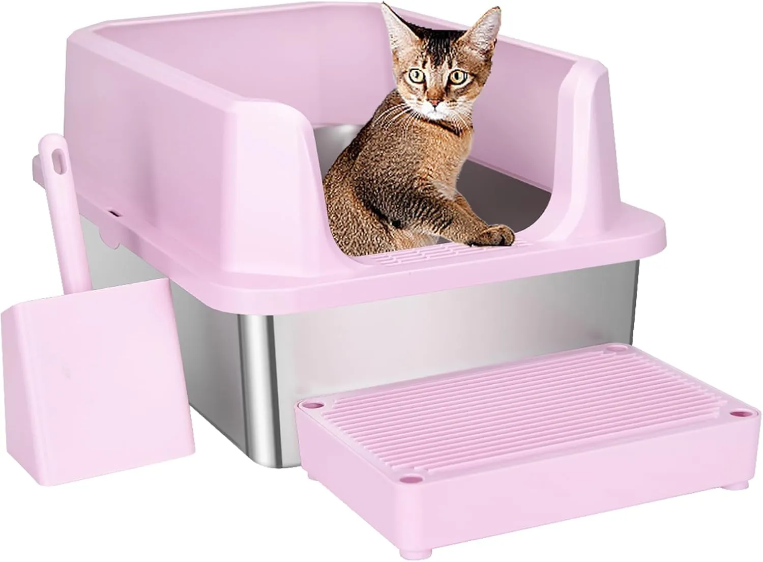 RIZZARI Stainless Steel Cat Litter Box, Semi-Enclosed Litter Box with Top Holes, Large Litter Pan for Small to Large Sized Cats (Light Pink, 23.8" L*16" W*12" H)