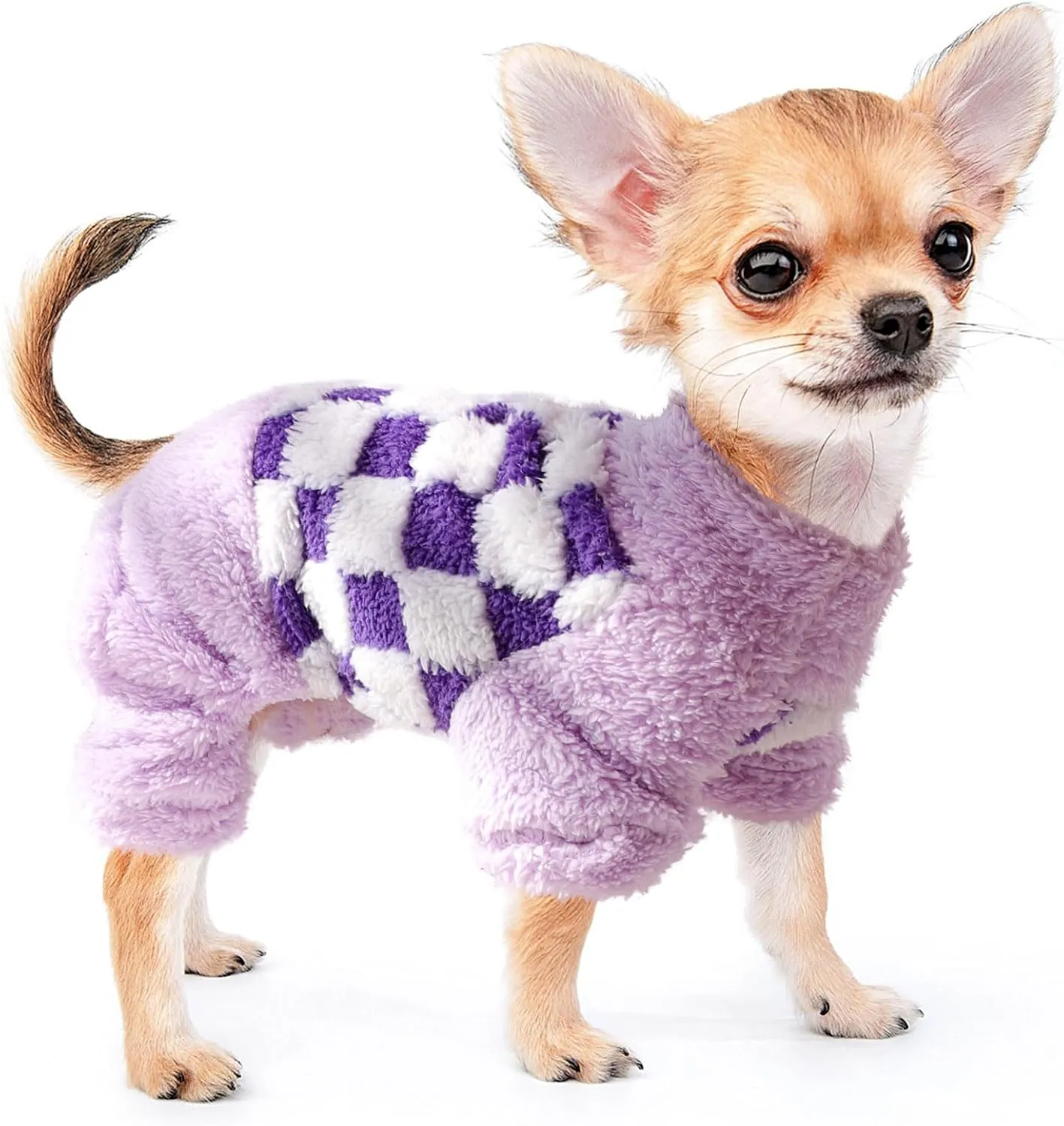 Sebaoyu Turtleneck Dog Pajamas for Small Dogs, Fleece Sweater, Winter Cute Tiny Clothes Outfit Puppy Pet Jumpsuits Chihuahua Yorkie Cat Clothing(Plaid Purple,Medium)