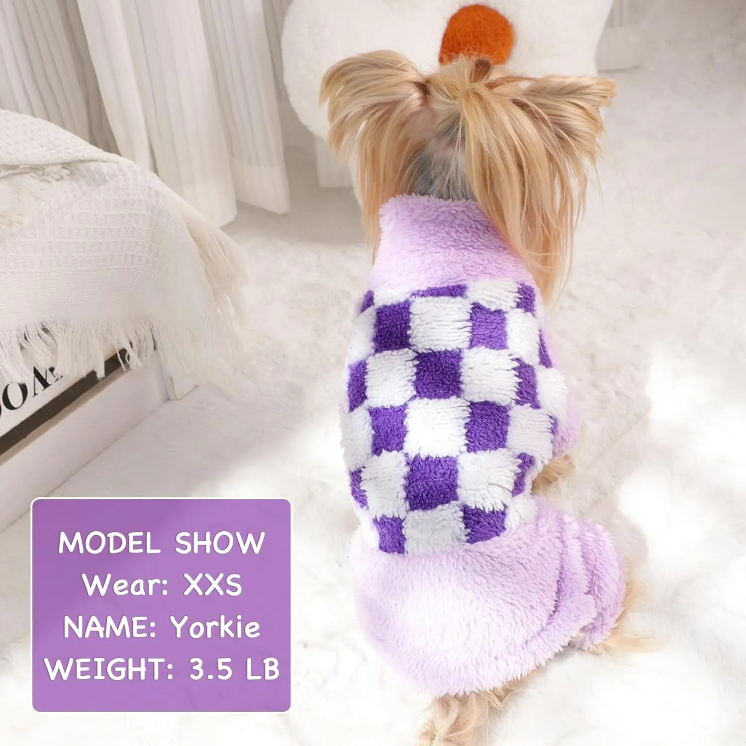 Sebaoyu Turtleneck Dog Pajamas for Small Dogs, Fleece Sweater, Winter Cute Tiny Clothes Outfit Puppy Pet Jumpsuits Chihuahua Yorkie Cat Clothing(Plaid Purple,Medium)