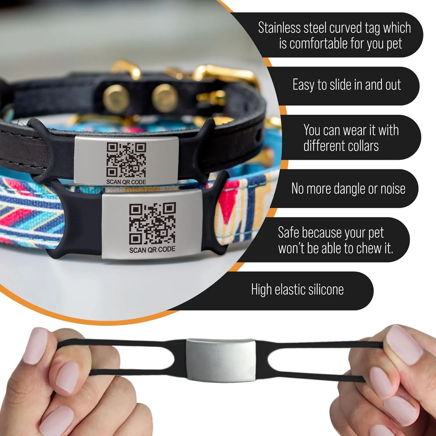 Smart Slide-On QR Code Pet Tag  Silent Dog & Cat ID Tag with Laser Engraving  Stainless Steel & Silicone  No App Needed  Custom Pet Profile  Fits Most Collars (Blue, Large)