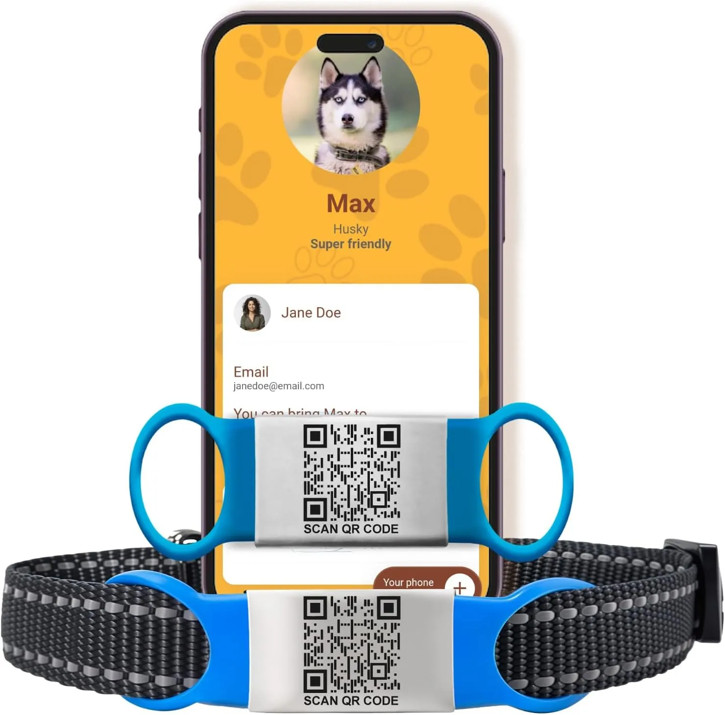 Smart Slide-On QR Code Pet Tag  Silent Dog & Cat ID Tag with Laser Engraving  Stainless Steel & Silicone  No App Needed  Custom Pet Profile  Fits Most Collars (Blue, Large)