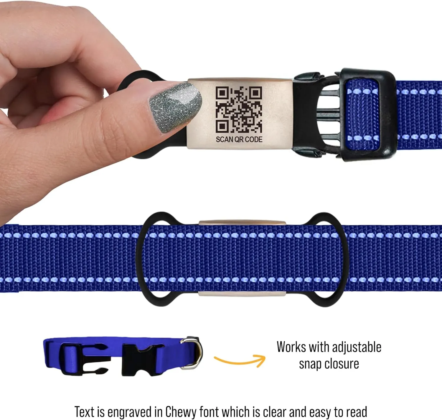 Smart Slide-On QR Code Pet Tag  Silent Dog & Cat ID Tag with Laser Engraving  Stainless Steel & Silicone  No App Needed  Custom Pet Profile  Fits Most Collars (Blue, Large)