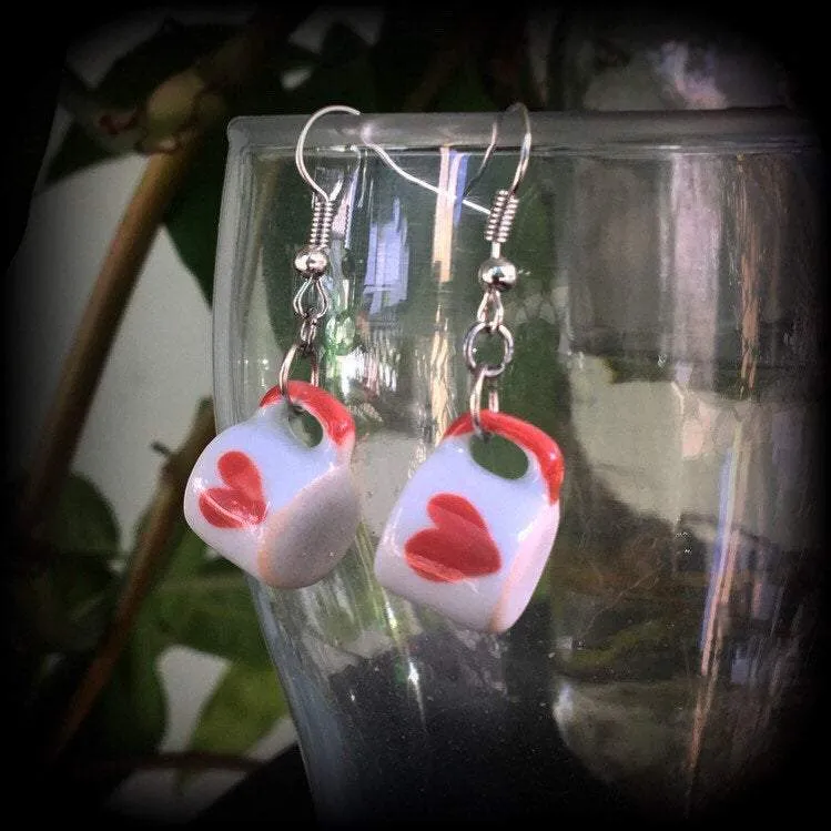 Tea cup earrings Heart earrings Coffee mug earrings Alice in Wonderland Queen of Hearts 6mm tunnel dangles 8mm plug earrings 4mm ear hangers