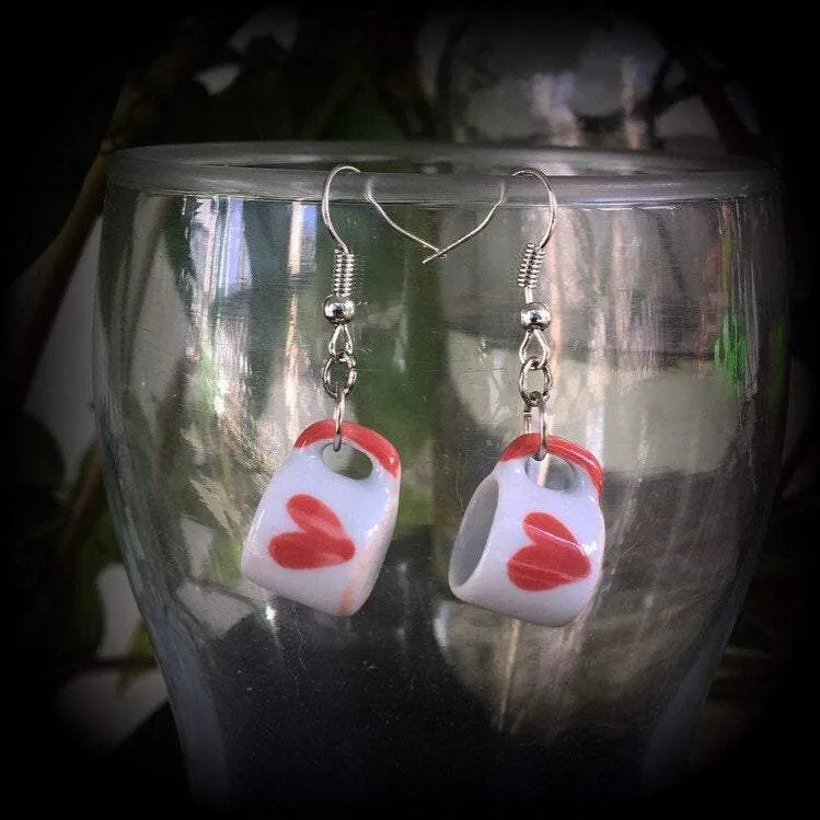 Tea cup earrings Heart earrings Coffee mug earrings Alice in Wonderland Queen of Hearts 6mm tunnel dangles 8mm plug earrings 4mm ear hangers