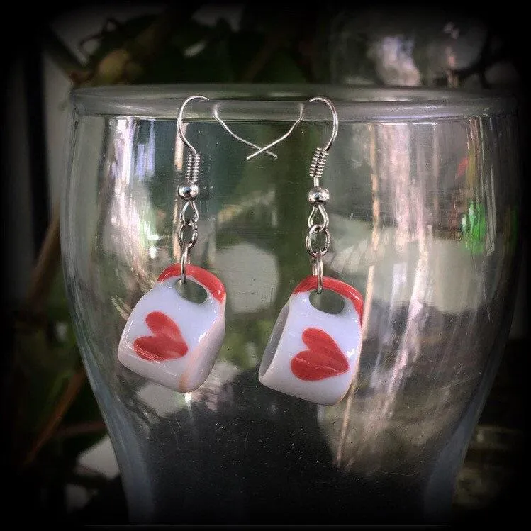 Tea cup earrings Heart earrings Coffee mug earrings Alice in Wonderland Queen of Hearts 6mm tunnel dangles 8mm plug earrings 4mm ear hangers