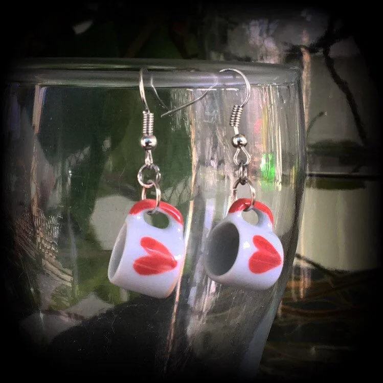Tea cup earrings Heart earrings Coffee mug earrings Alice in Wonderland Queen of Hearts 6mm tunnel dangles 8mm plug earrings 4mm ear hangers
